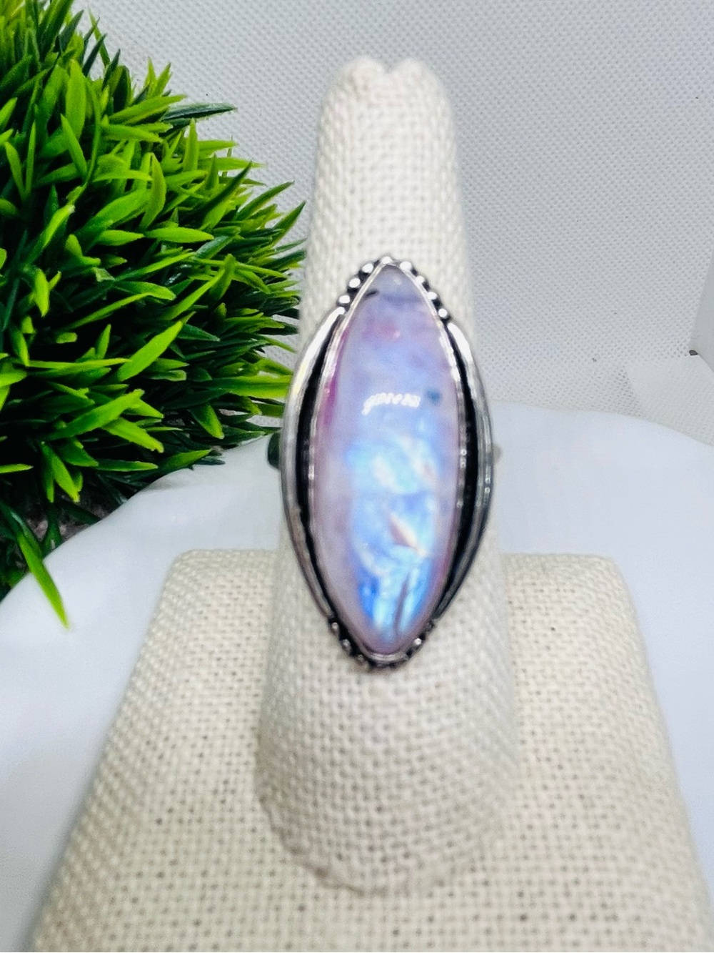 Sterling Silver PINK Marquise Moonstone Ring in Iridescent